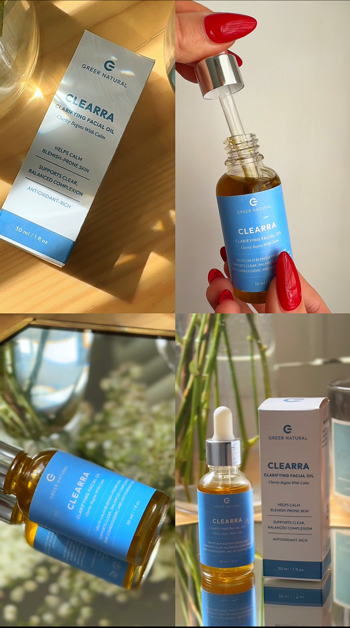 Collage of Clearra skincare product packaging and use on a wooden surface with a plant.