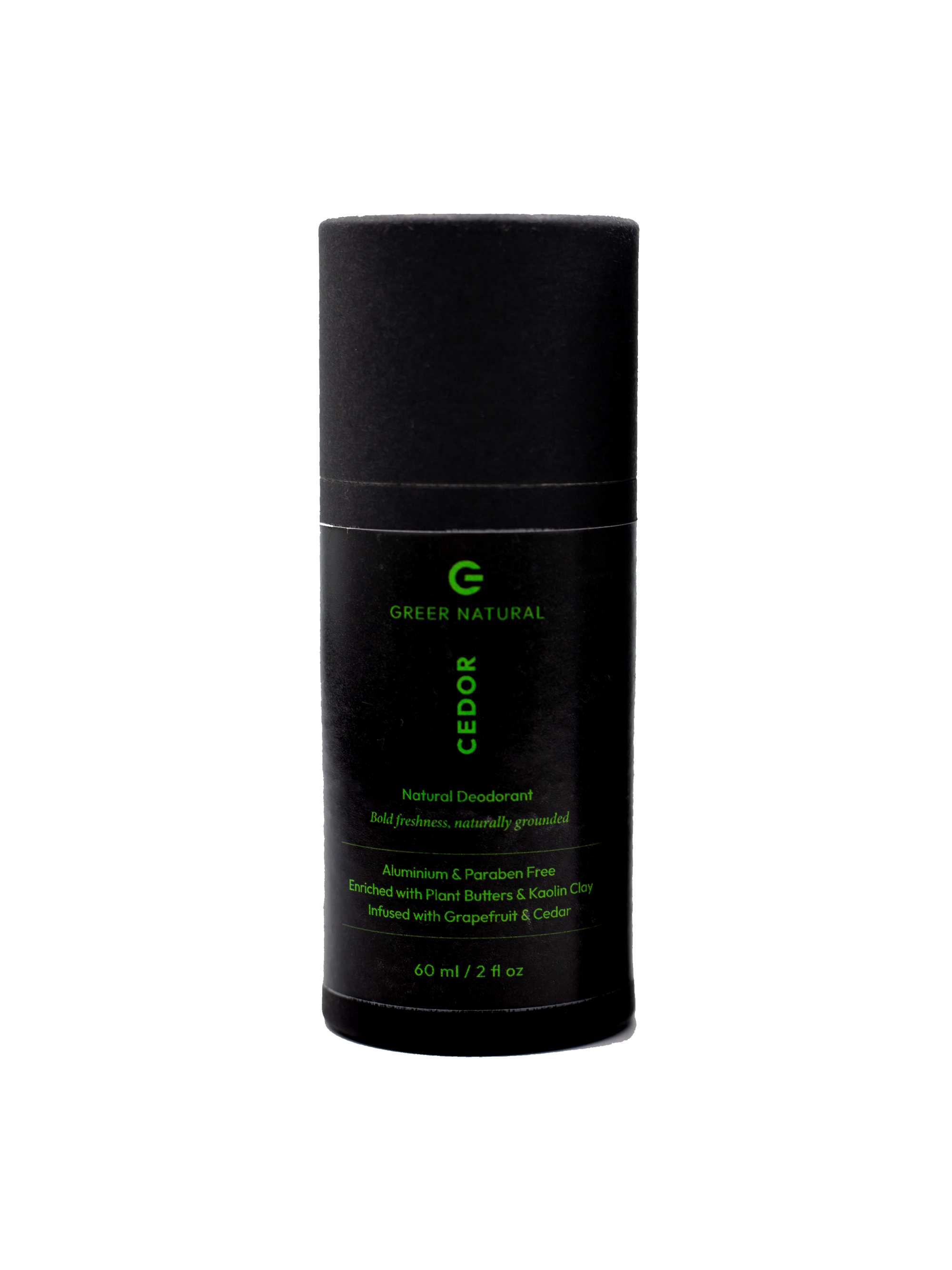Black deodorant stick with green text on a white background