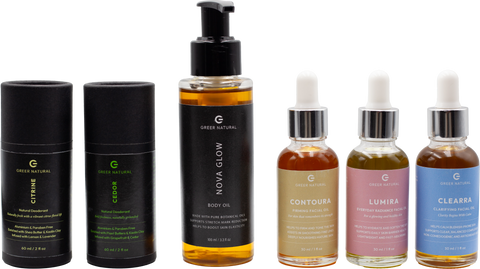 Set of skincare products with visible brand 'Greer Natural' on a white background